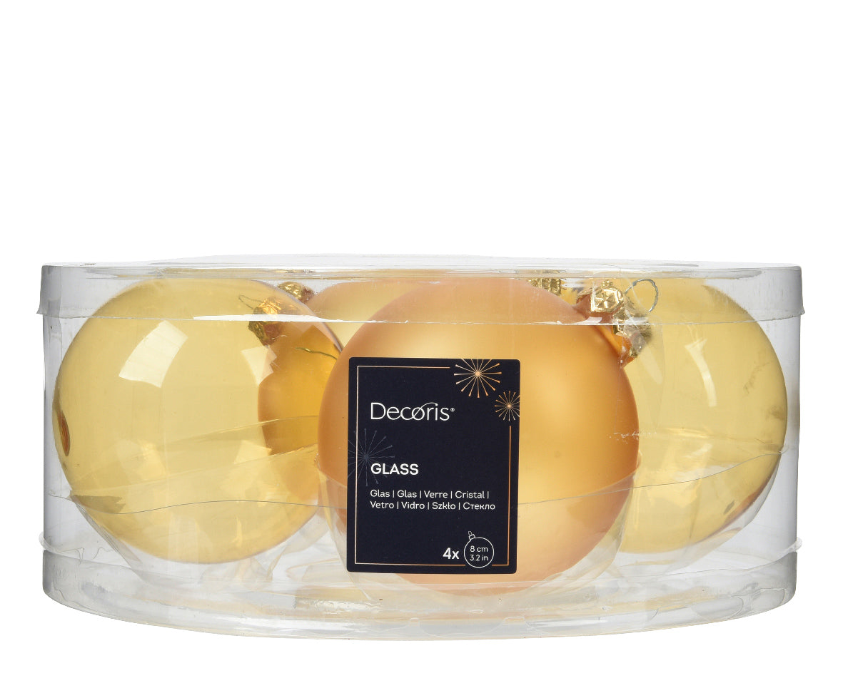 Light Gold Transparent Glass Shiny & Matte Baubles 8cm - Tube of 4