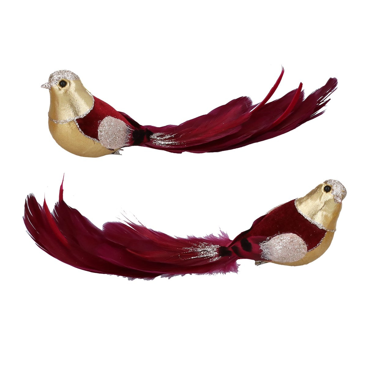 Gisela Graham - Burgundy Gold with Feather Tail Clip-on Bird Decoration Single - 28cm
