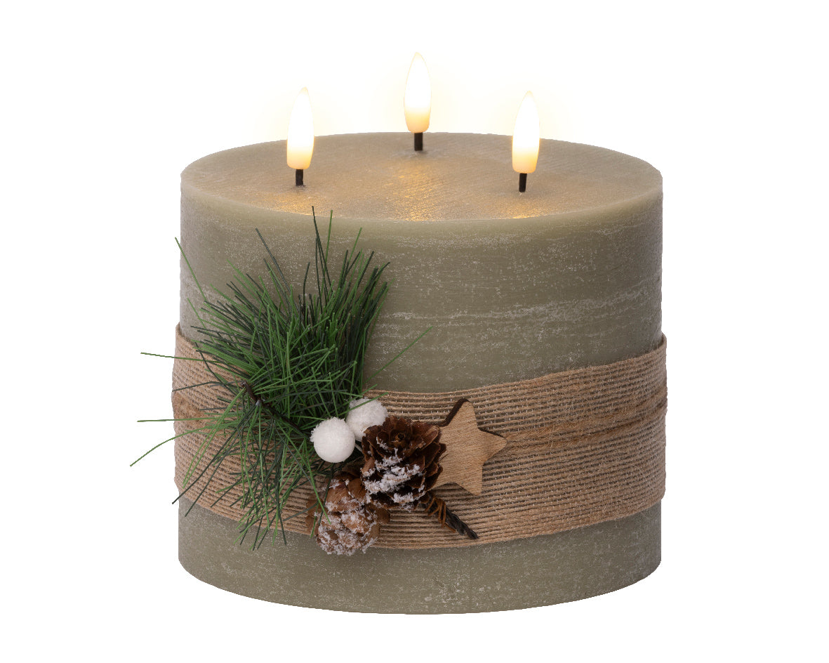 Light Up Green Wax 3 Wick Candle with Pinecones - 15cm