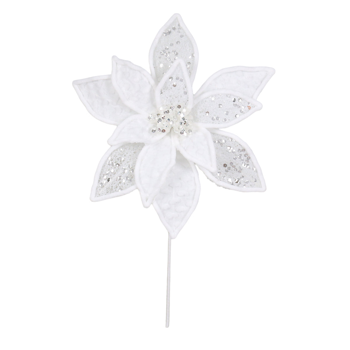 White Glitter and Sequin Poinsettia Stem - 49cm