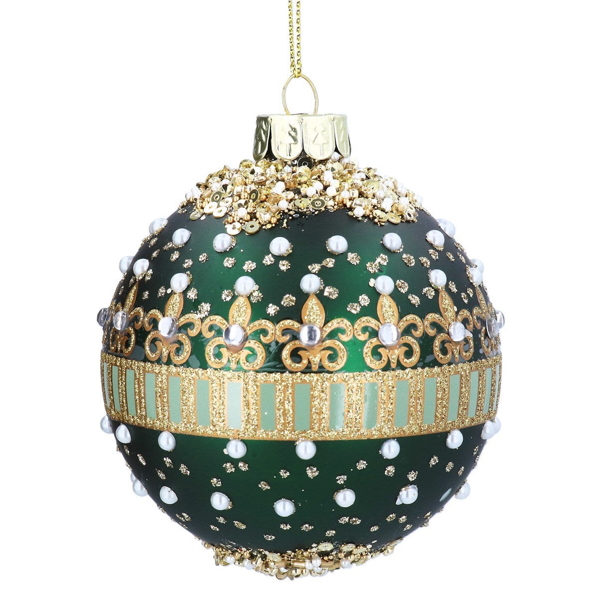Gisela Graham - Matte Green Pearls & Jewels Glass Ball Bauble - 8cm