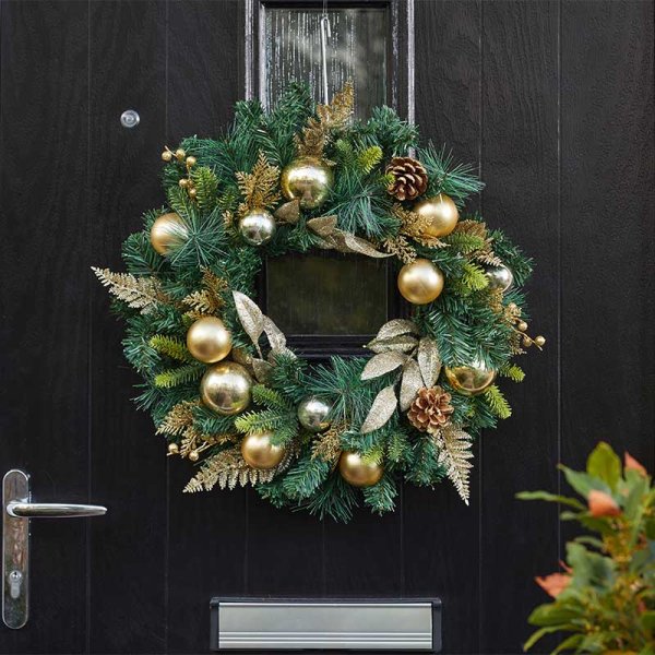 Gold Baubly Artificial Decorated Christmas Wreath - 60cm
