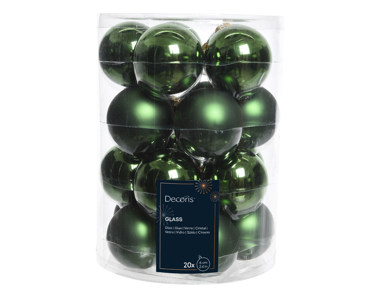 Pine Green 6cm Shiny & Matt Mix of Glass Baubles - Tube of 20