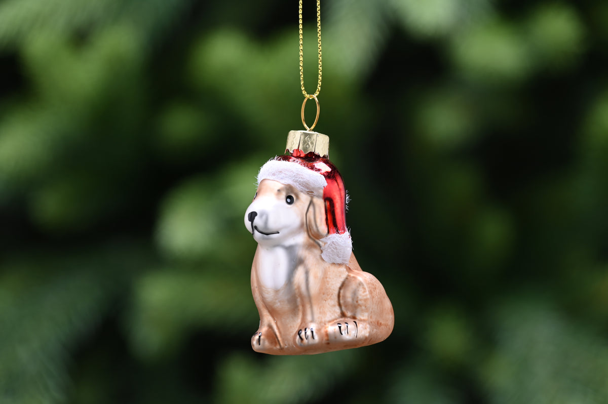 Brown Glass Sitting Dog In Red Santa Hat Christmas Tree Decoration