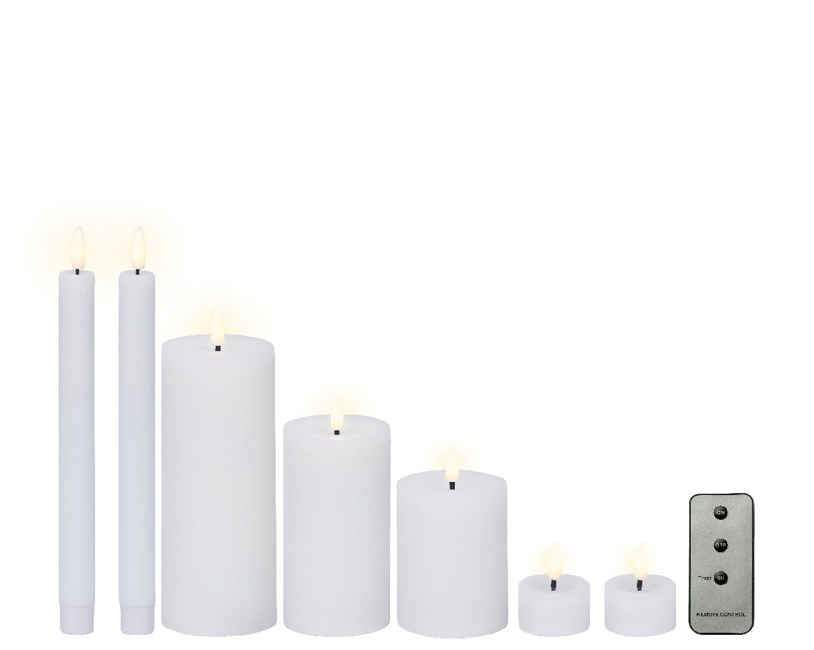LED White Wax Candles with Flame Effect & Remote Control - Set of 7