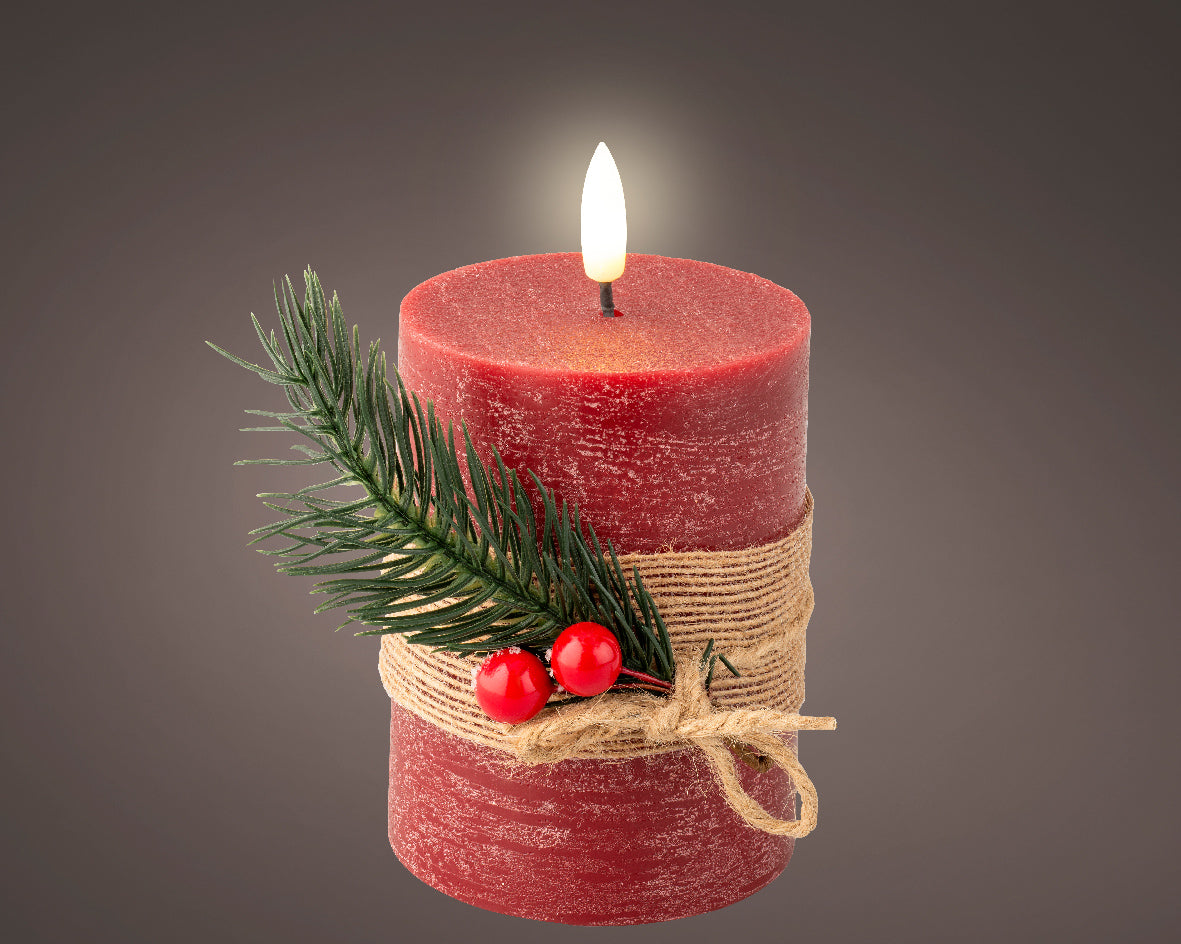 Light Up Oxblood Red Wax Candle with Berries & Jute Ribbon - 13cm