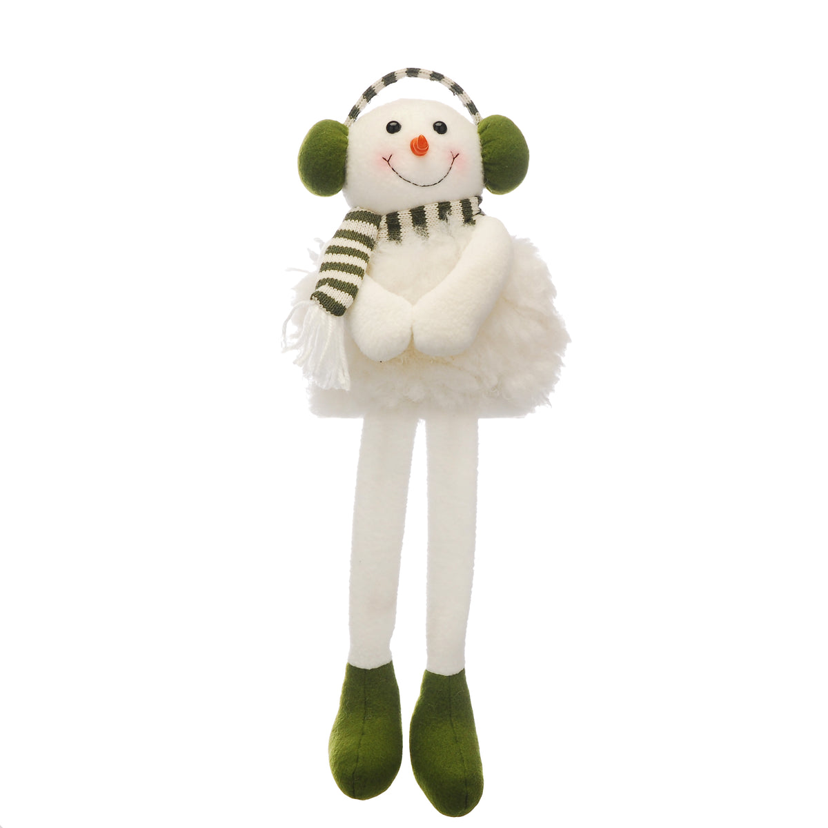 Dangly Legs White Snowman with Green and White Earmuff Christmas Ornament