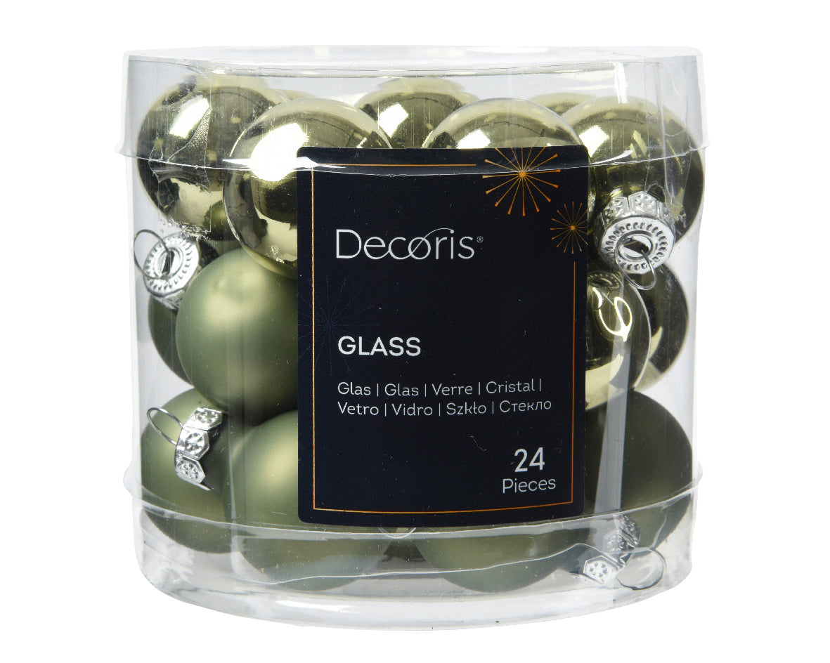 Set of 24 Mini Matt and Shiny Rosemary Green Glass Baubles - 2.5cm