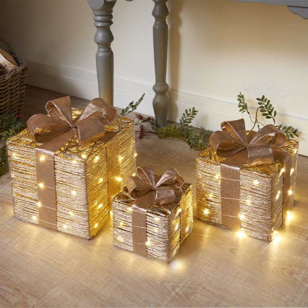 Champagne Braid Light Up Faux Gift Boxes - Set of 3