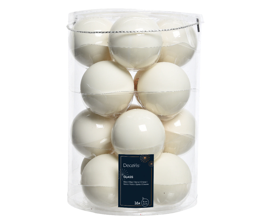 Wool White Glass Baubles Shiny & Matt 8cm - Tube of 16