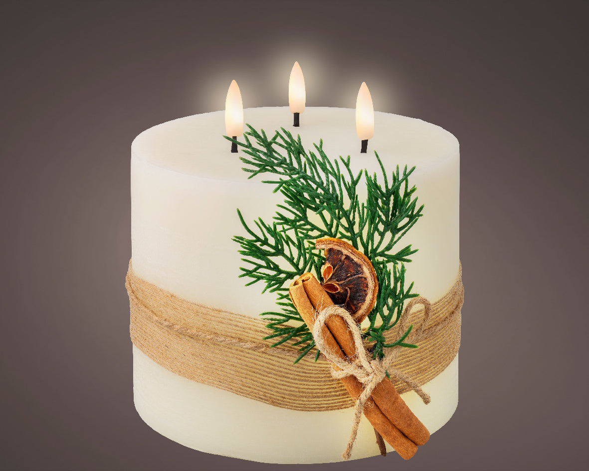 Light Up Large Cream Wax 3 Wick Candle with Jute Ribbon & Foliage - 15cm