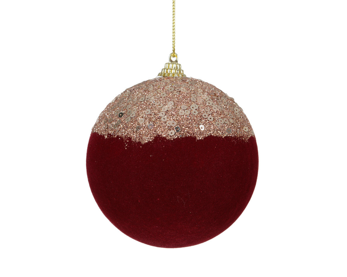 Oxblood Red Velvet Flocked Bauble with Glitter Sequin Top
