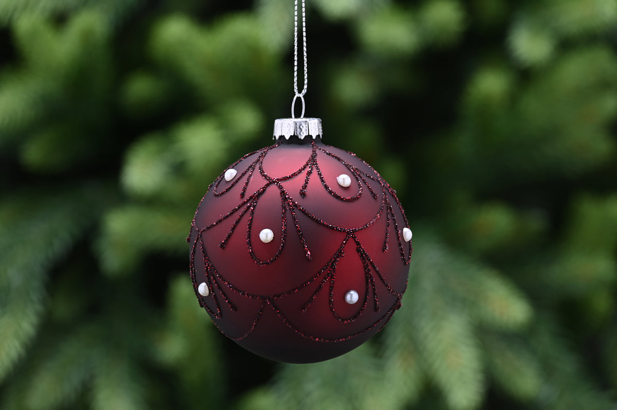 Matt Burgundy Glass Bauble with Swirls and Beads - 8cm