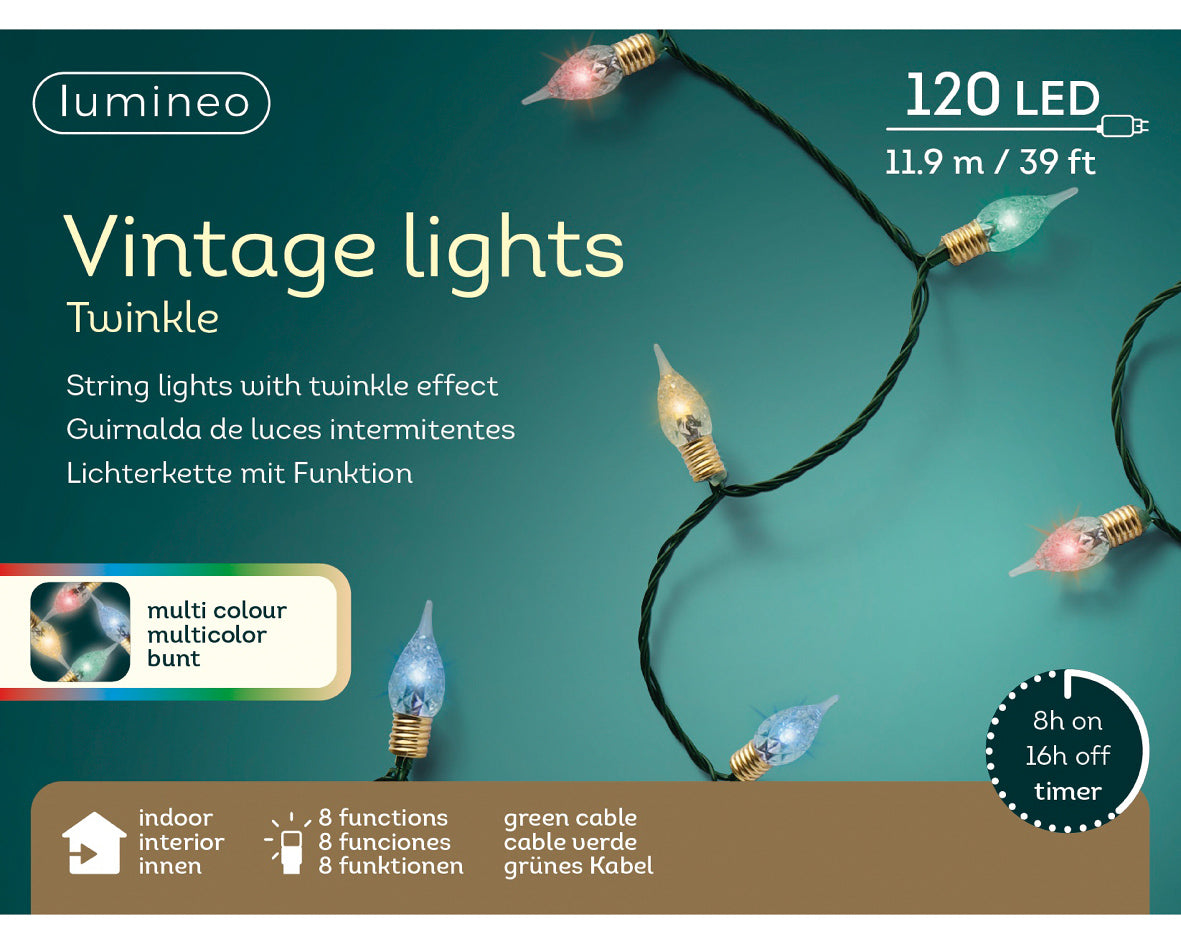 Lumineo Multicoloured LED Twinkle Vintage Lights with Green Cable - 11.9M with 120 LEDs