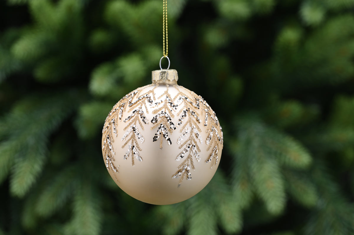 Matt Gold Glass Christmas Bauble with Glitter Twine Leaf - 8cm