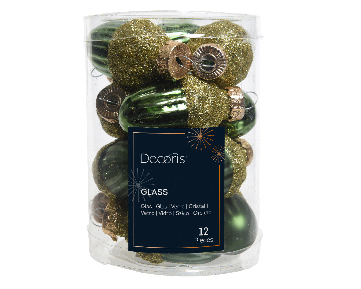Pine Green Glass Acorns with Matt & Shiny Glitter Finish - Pack of 12