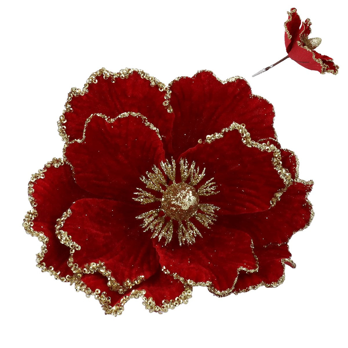 Gisela Graham - Red with Gold Trim Fabric Magnolia Clip - 17cm