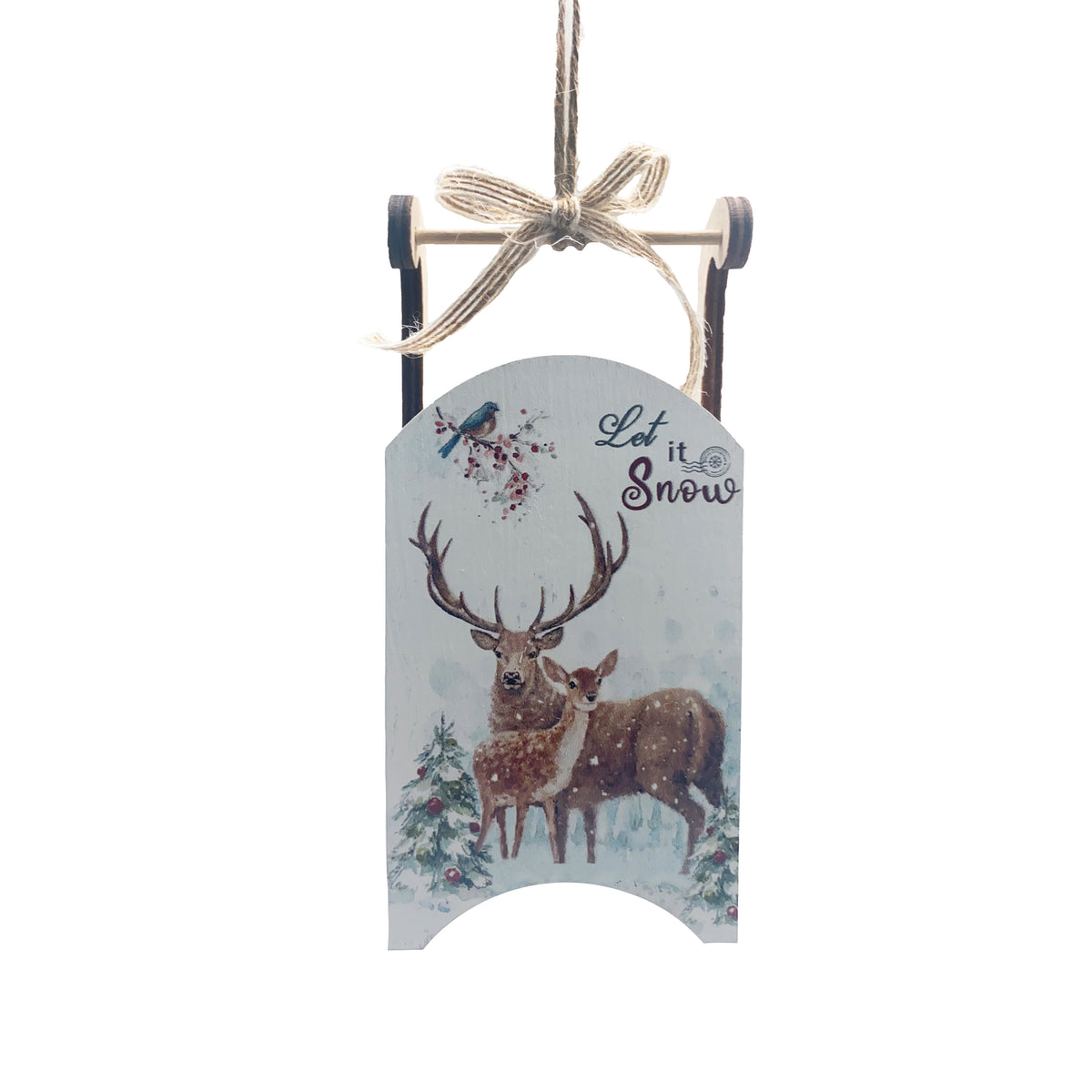 Hanging Wooden White Reindeer Sleigh - 13cm