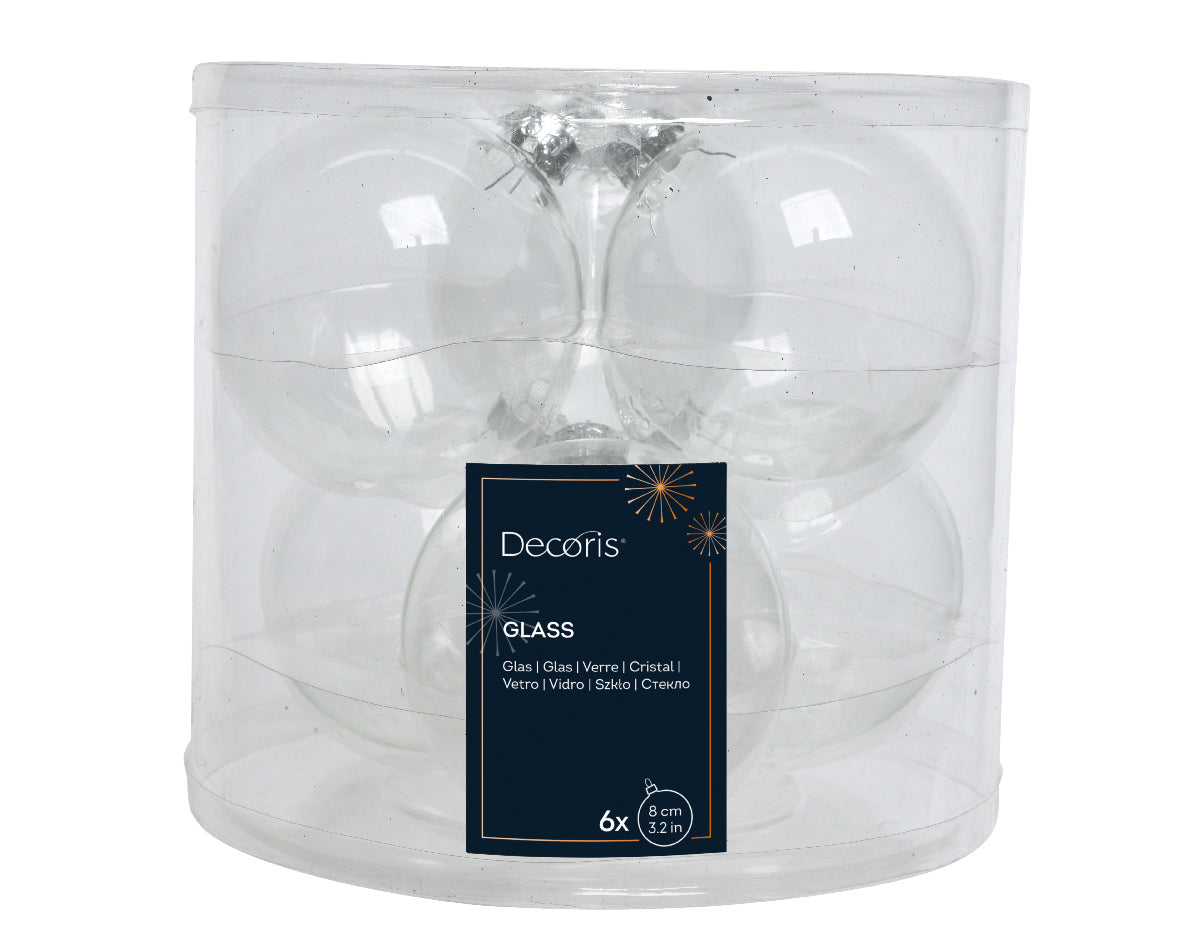 Plain Clear Transparent 8cm Glass Baubles - Tube of 6