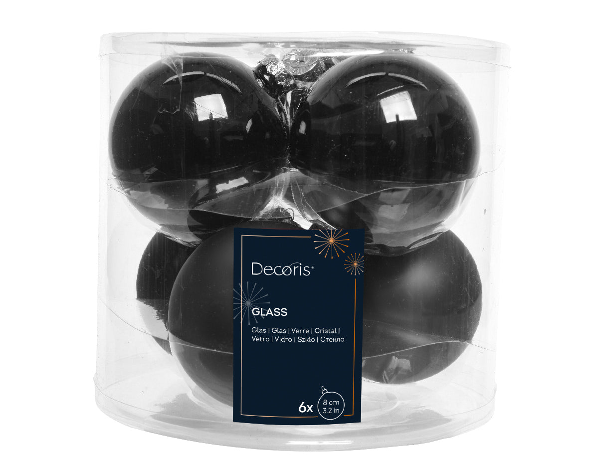 Black Mixed Shiny & Matt 8cm Glass Baubles - Tube of 6