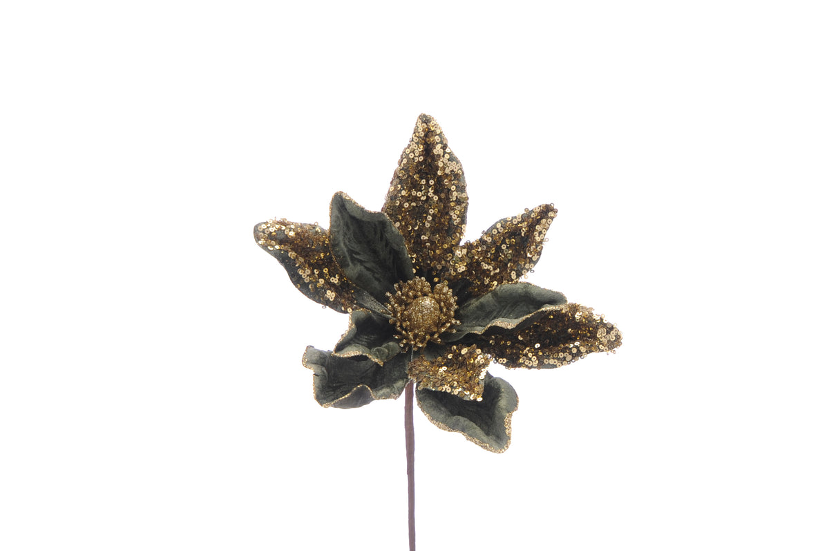 Dark Green With Gold Sequins Magnolia Stem - 34cm