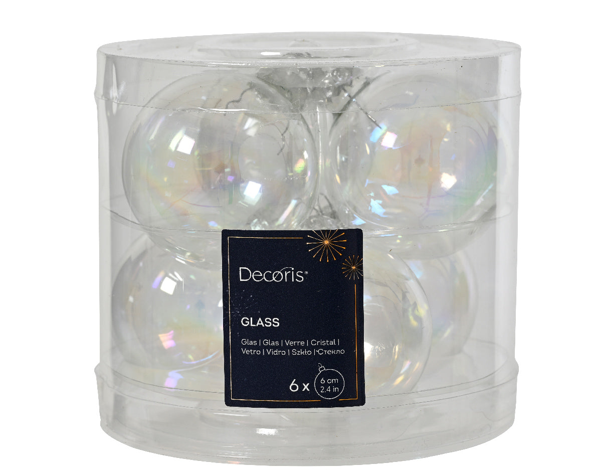 Box of 6 Transparent Iridescent Finish Glass Baubles - 6cm