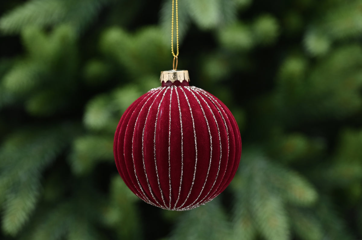 Burgundy Flock Glass Christmas Bauble with Gold Glitter - 8cm
