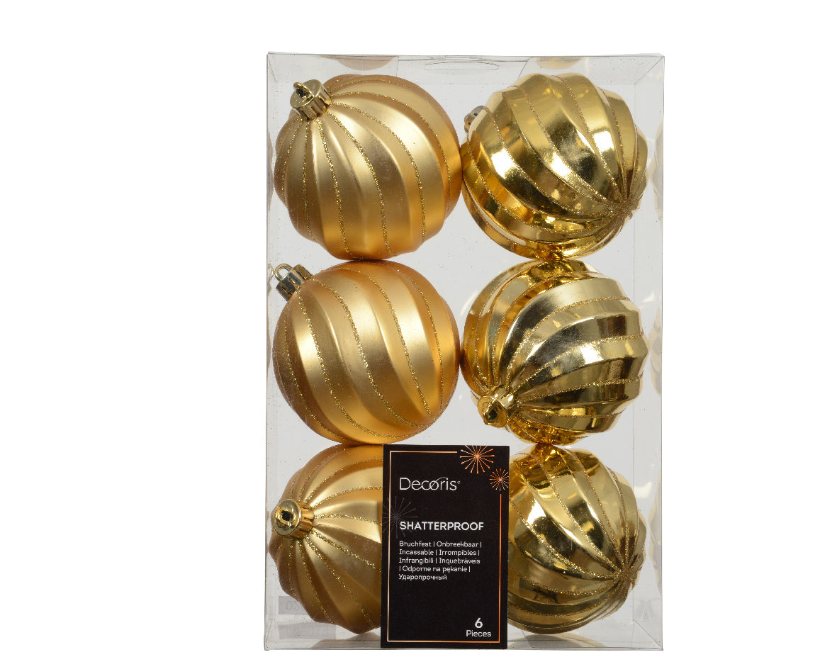 Set of 6 Matte & Shiny Light Gold Glitter Mix Shatterproof Baubles - 8cm