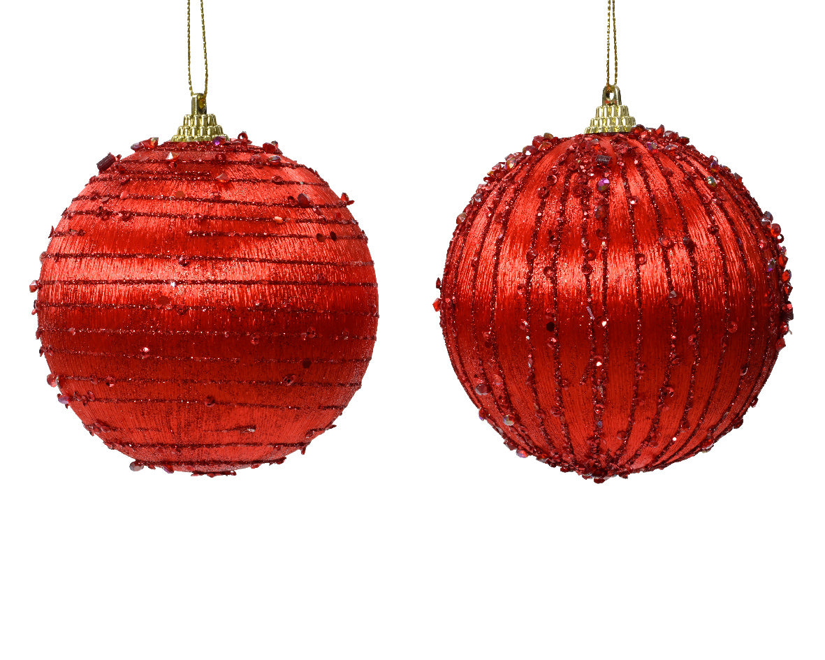 Red Bauble with Glitter Lines and Sequin Detailing - 8cm