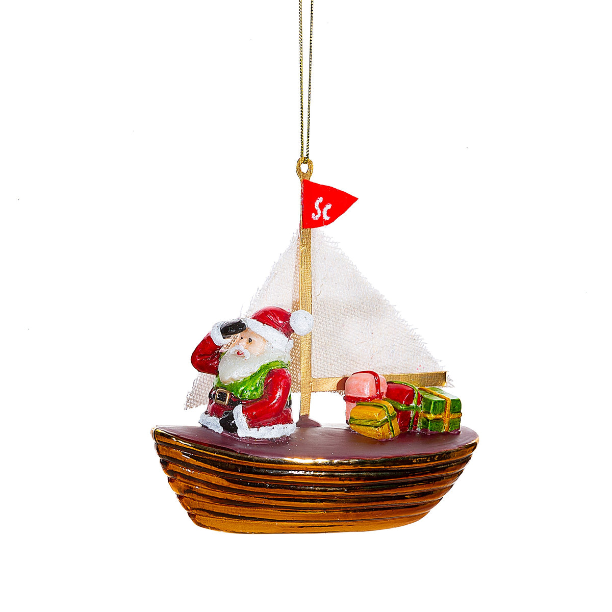Santa in a Sailing Boat Glass Christmas Bauble