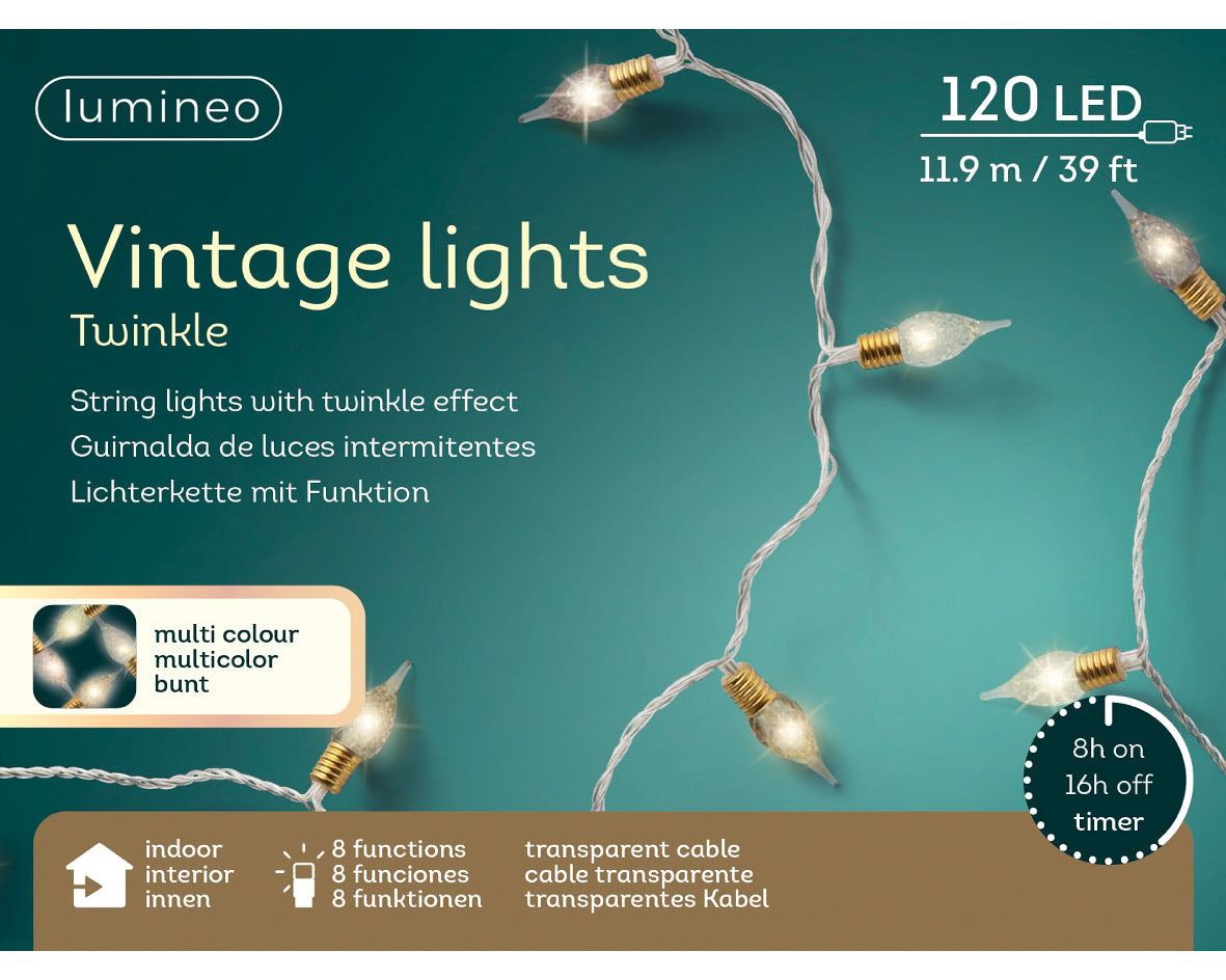 Multicoloured LED Twinkle Vintage Lights with Transparent Cable - 11.9m 120 LEDs