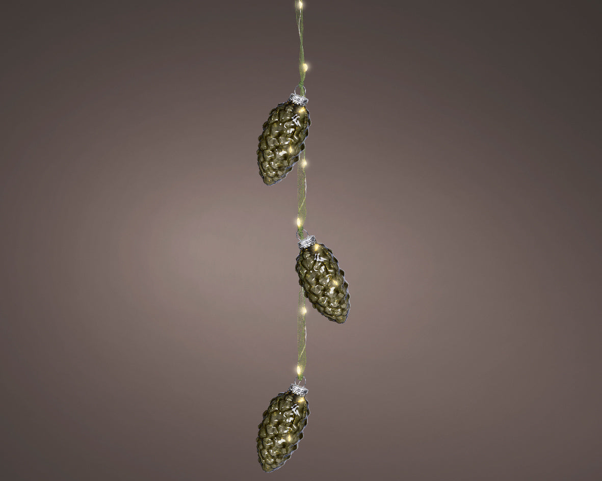 Warm White Micro LED Pinecone Bauble Light Bundle with Green Ribbon - 28cm 15 LEDs