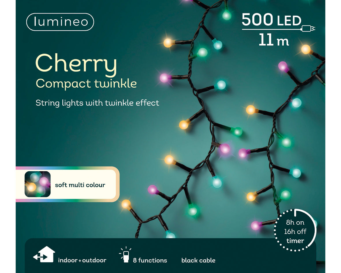 Lumineo Multicoloured LED Cherry Compact Twinkle Outdoor Lights with 11m Black Cable - 500 LEDs