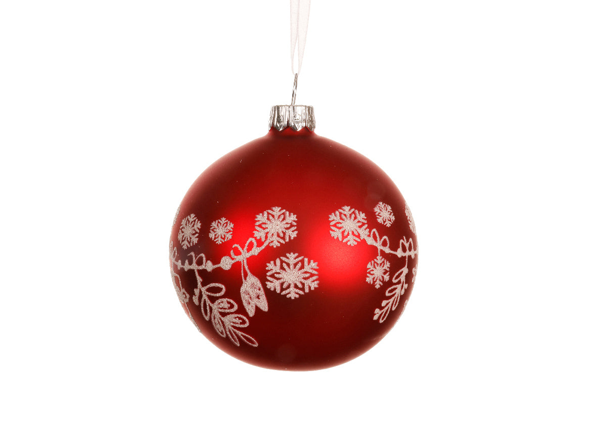 Red Matte Glass Bauble with a Festive Glitter Border