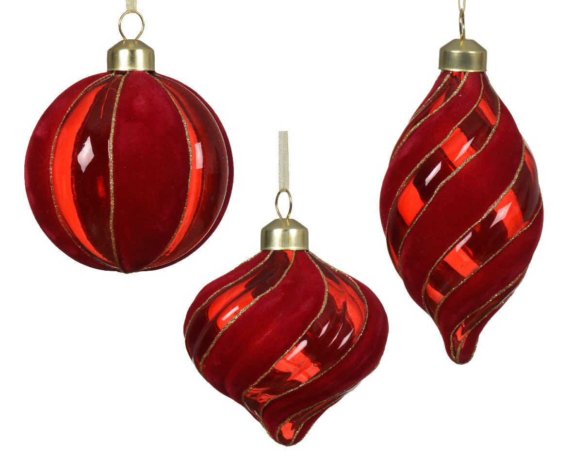 Glass Red Glitter Bauble with Flocked Stripes - Assorted
