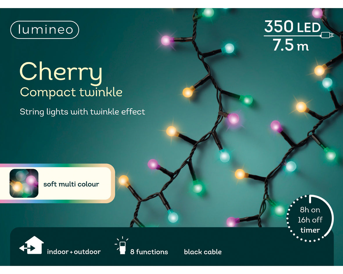 Multicoloured LED Cherry Compact Twinkle Outdoor Lights with 7.5m Black Cable - 350 LEDs