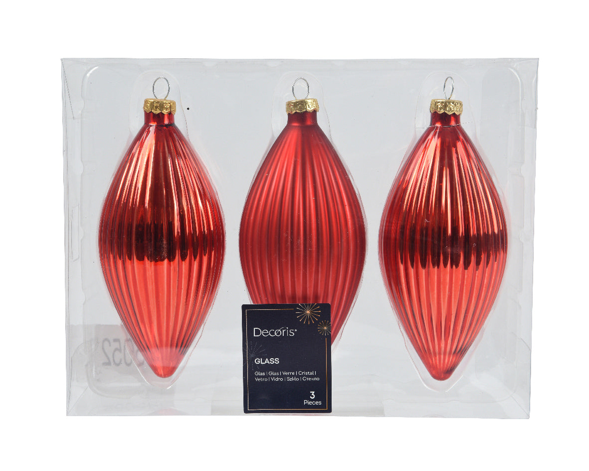 Christmas Red Matt & Shiny Olive Ribbed Glass Baubles - Pack of 3
