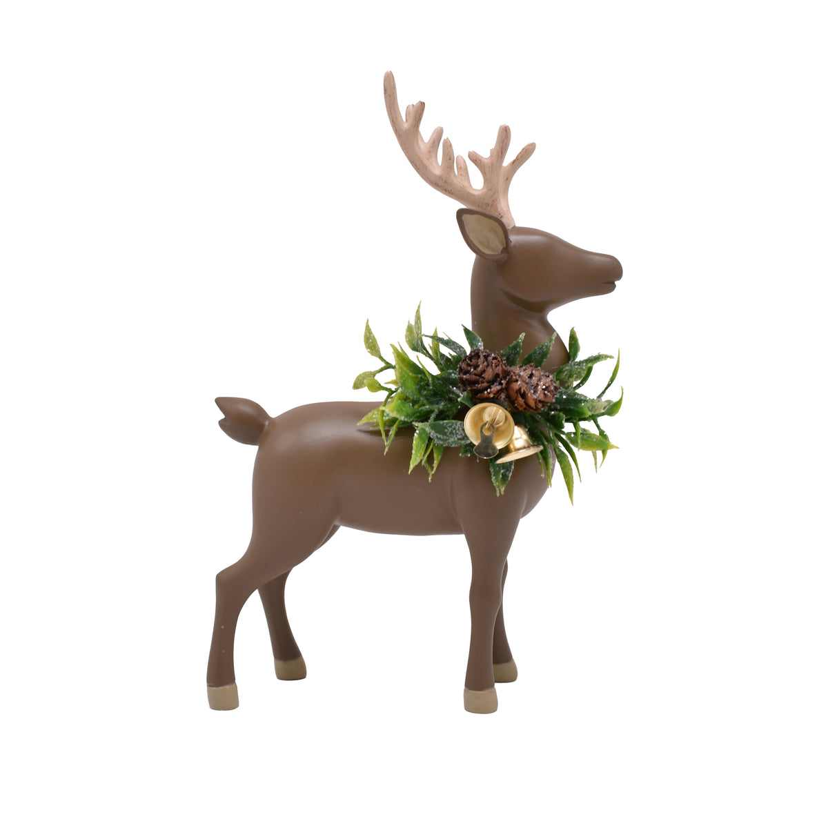 Polyresin Brown Reindeer With Wreath On Neck - 21cm