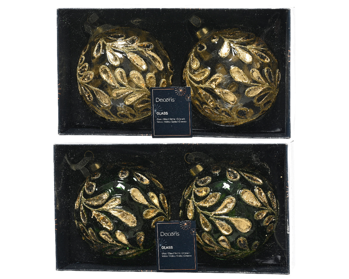 Box of 2 Vintage Glass Bauble with Gold Leaves