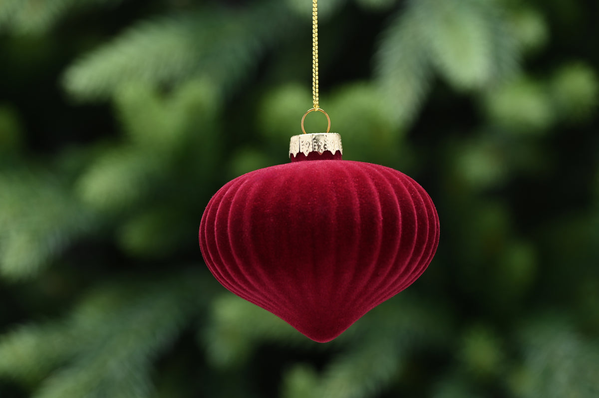 Red Flocked Glass Onion Christmas Tree Bauble - 8cm