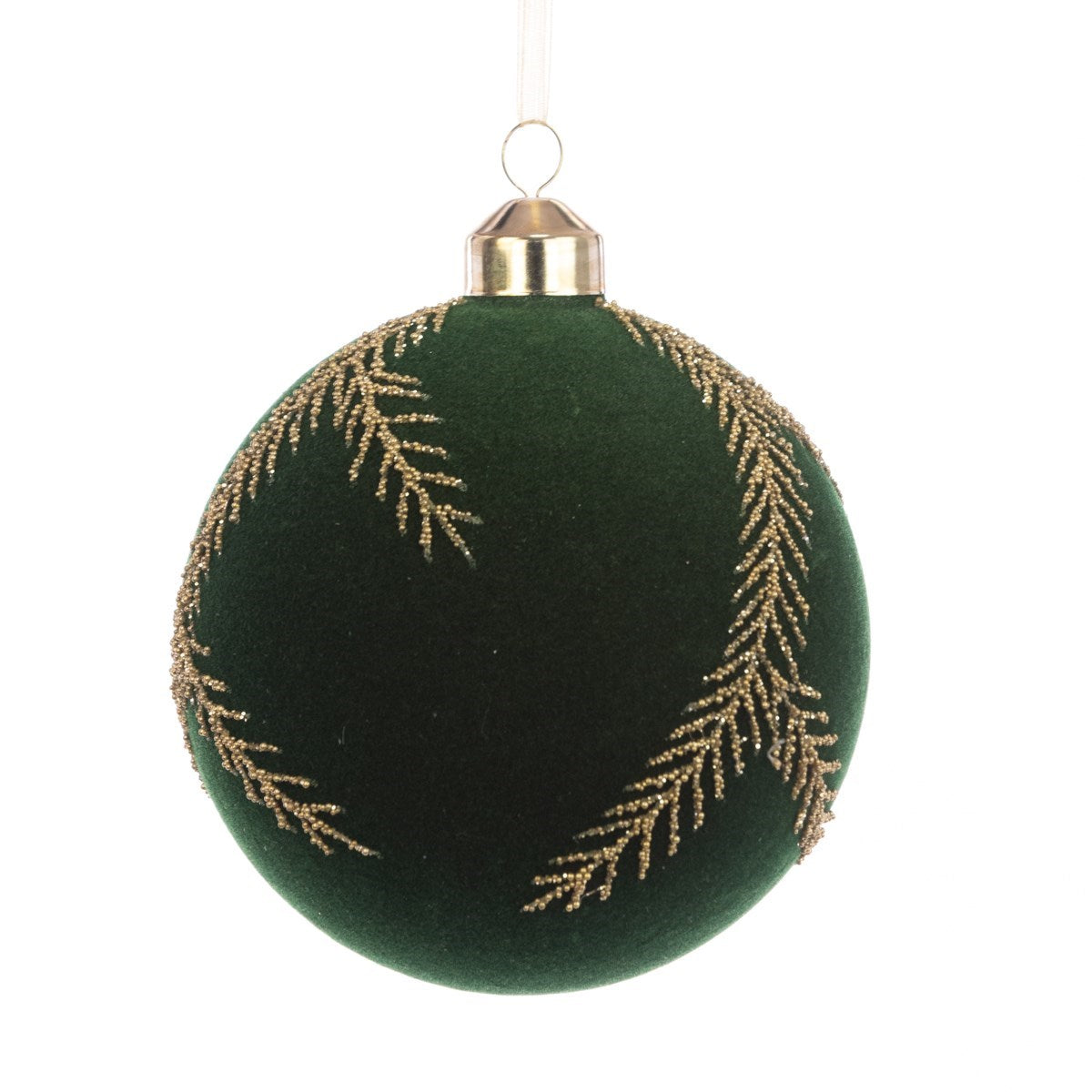 Green Round Flocked Haley Glass Bauble - 10cm