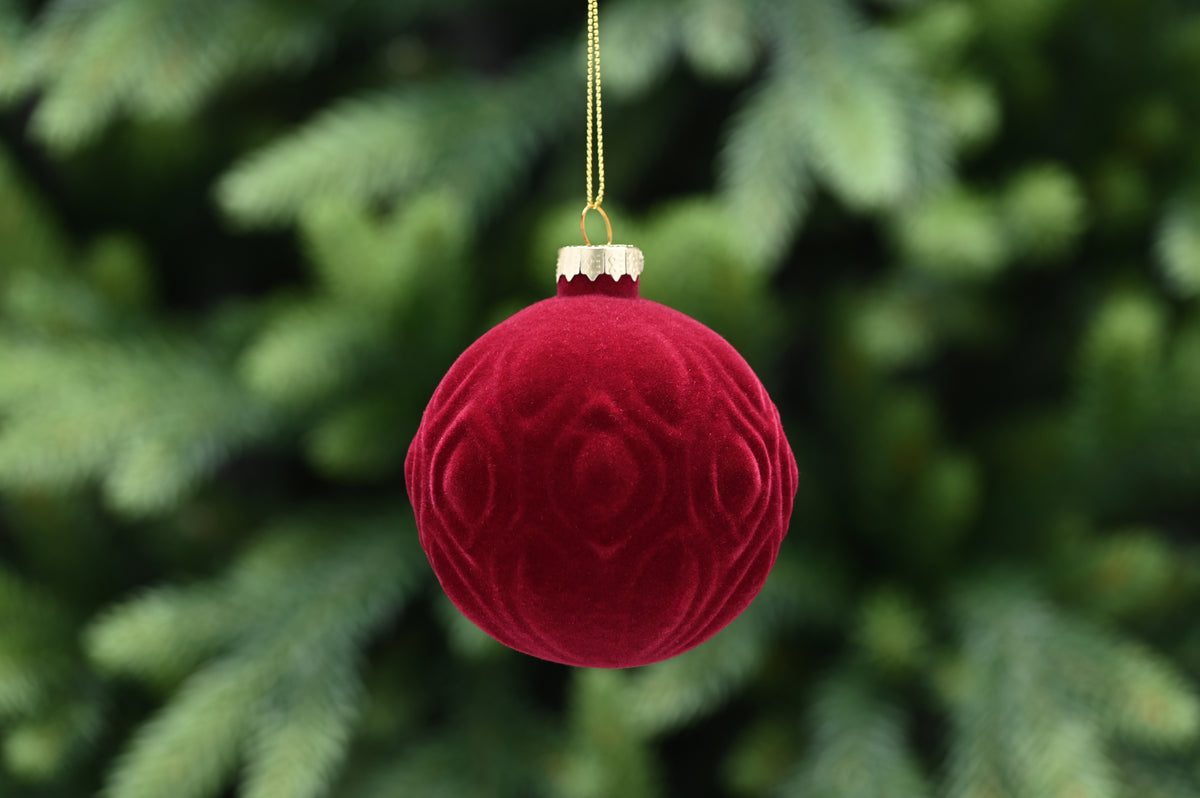 Red Flocked Glass Ball Christmas Tree Bauble - 8cm