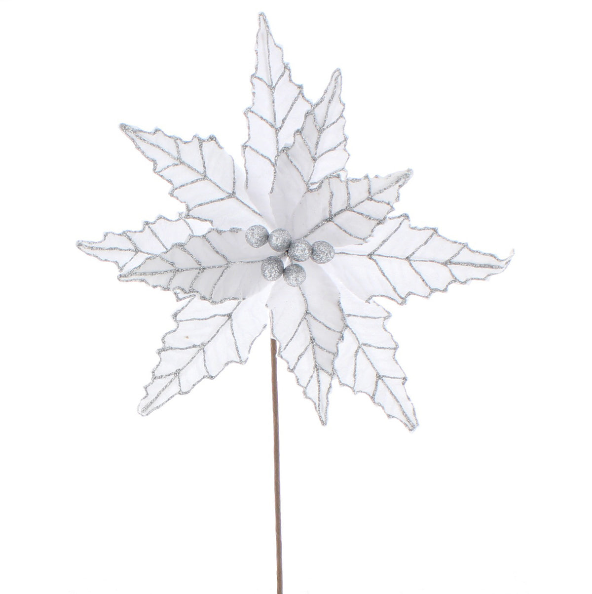 White Velvet Poinsettia - Silver Glitter Stem - 50cm
