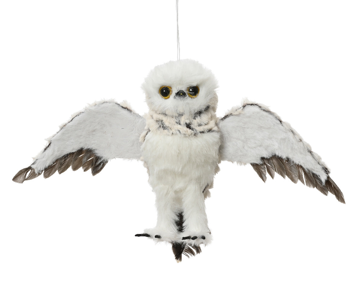 Small Snowy White and Grey Owl Decoration with Artificial Fur Feathers