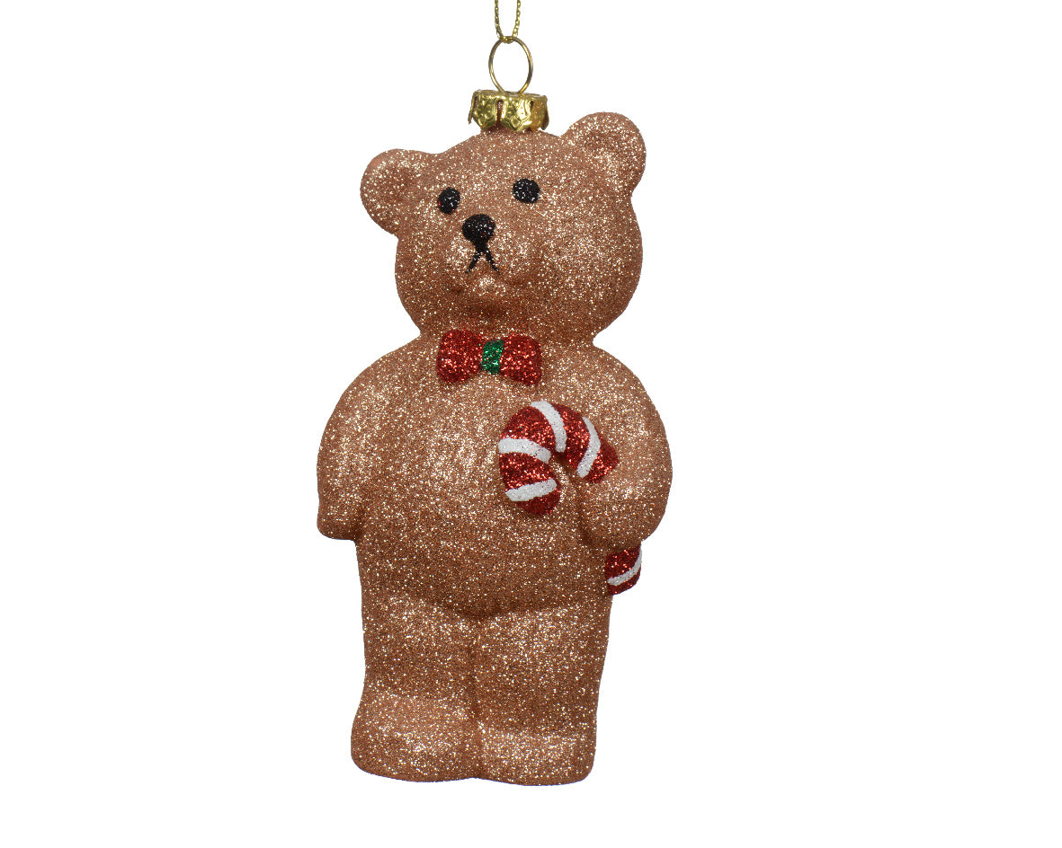Shatterproof Glitter Teddy Bear Bauble Holding Candy Cane