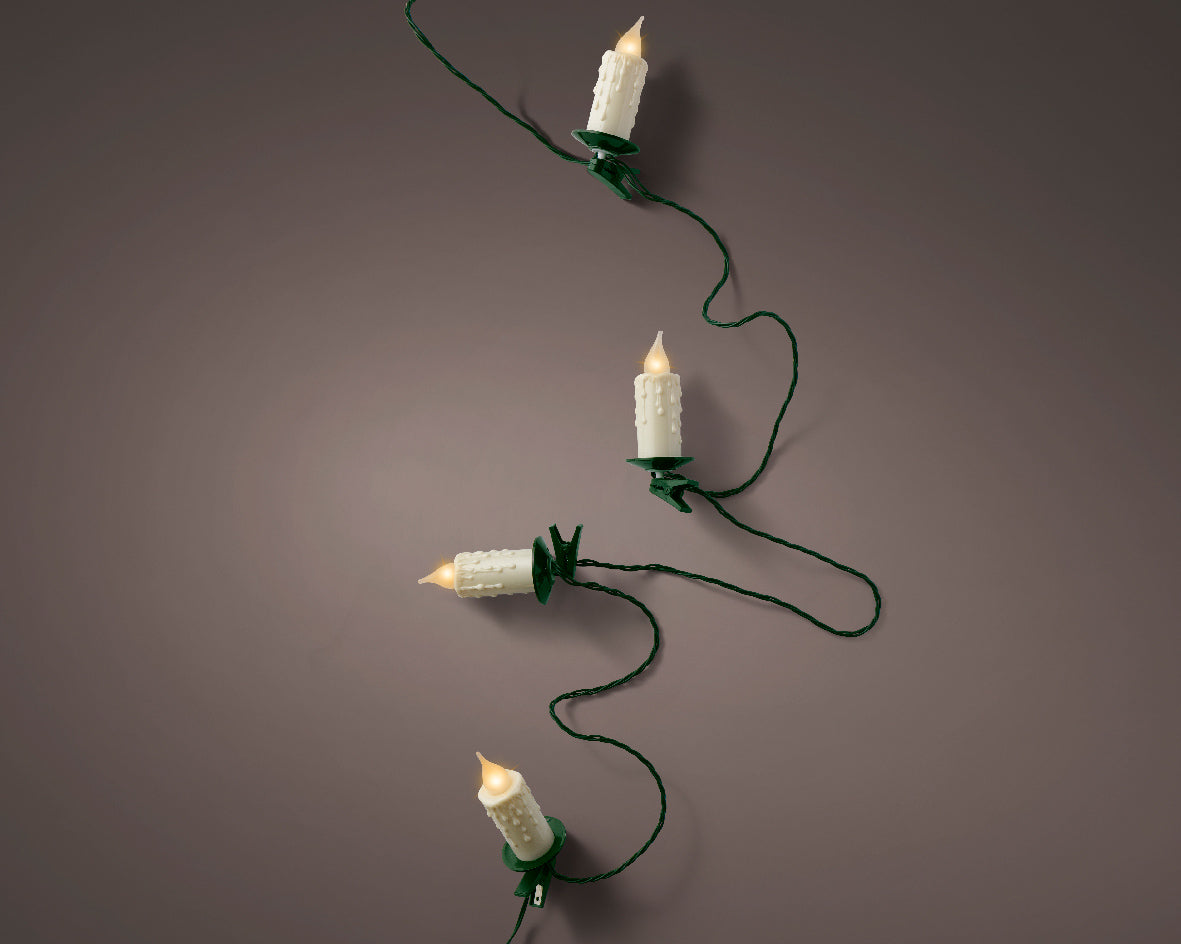 Vintage Warm White Candle Clip on String Lights with Green Cable- 30 LEDs