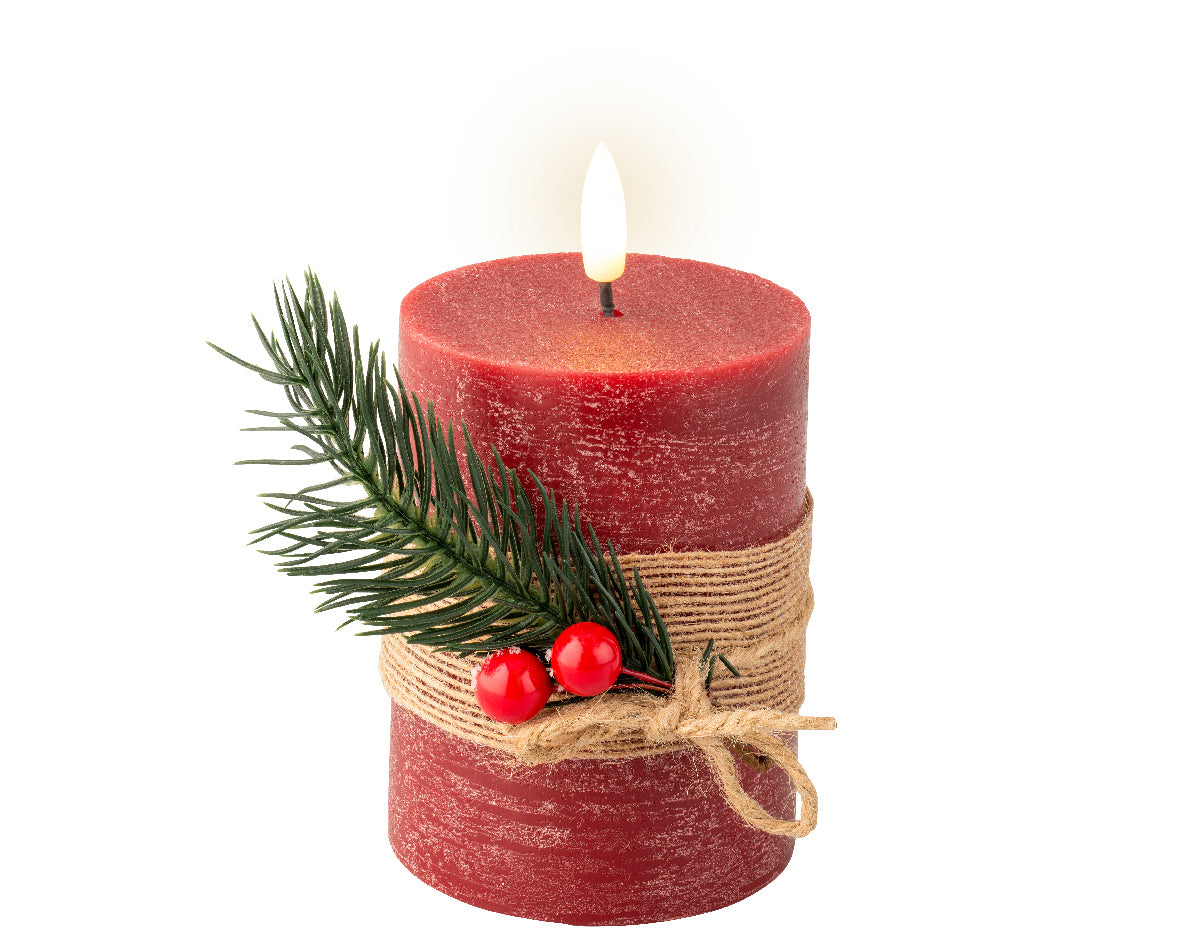 Light Up Oxblood Red Wax Candle with Berries & Jute Ribbon - 13cm