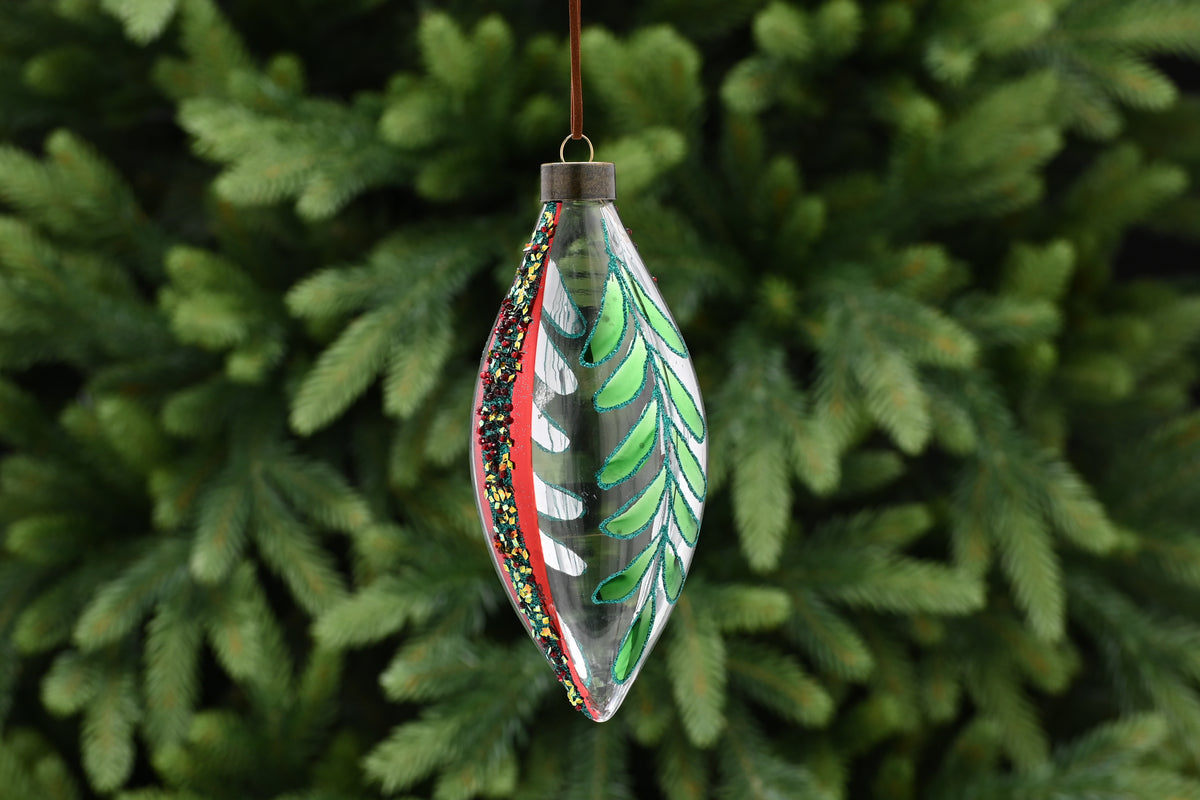 Clear Glass Drop Bauble with Red and Green Leaf Design - 17cm