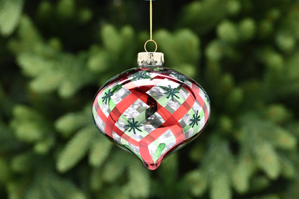 Clear Glass Onion Bauble with Red and Green Pattern - 10cm