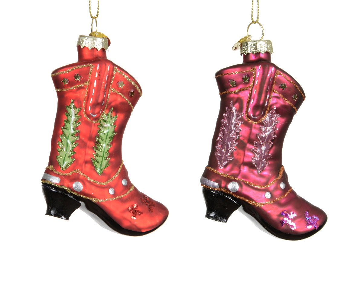 Cowboy Boot Glass Novelty Christmas Bauble with Glitter & Sequins